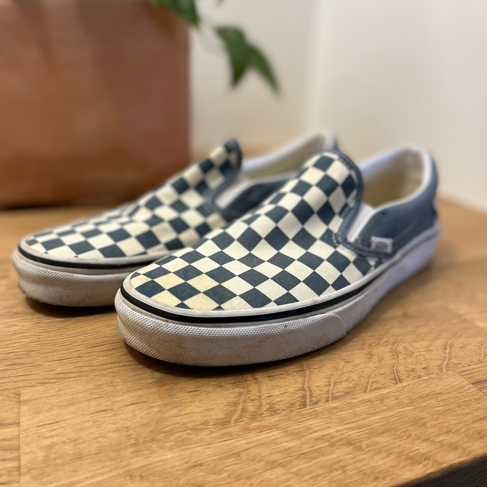 Classic vans blue and cream checkered slip on. Size 9women or size 7.5 men